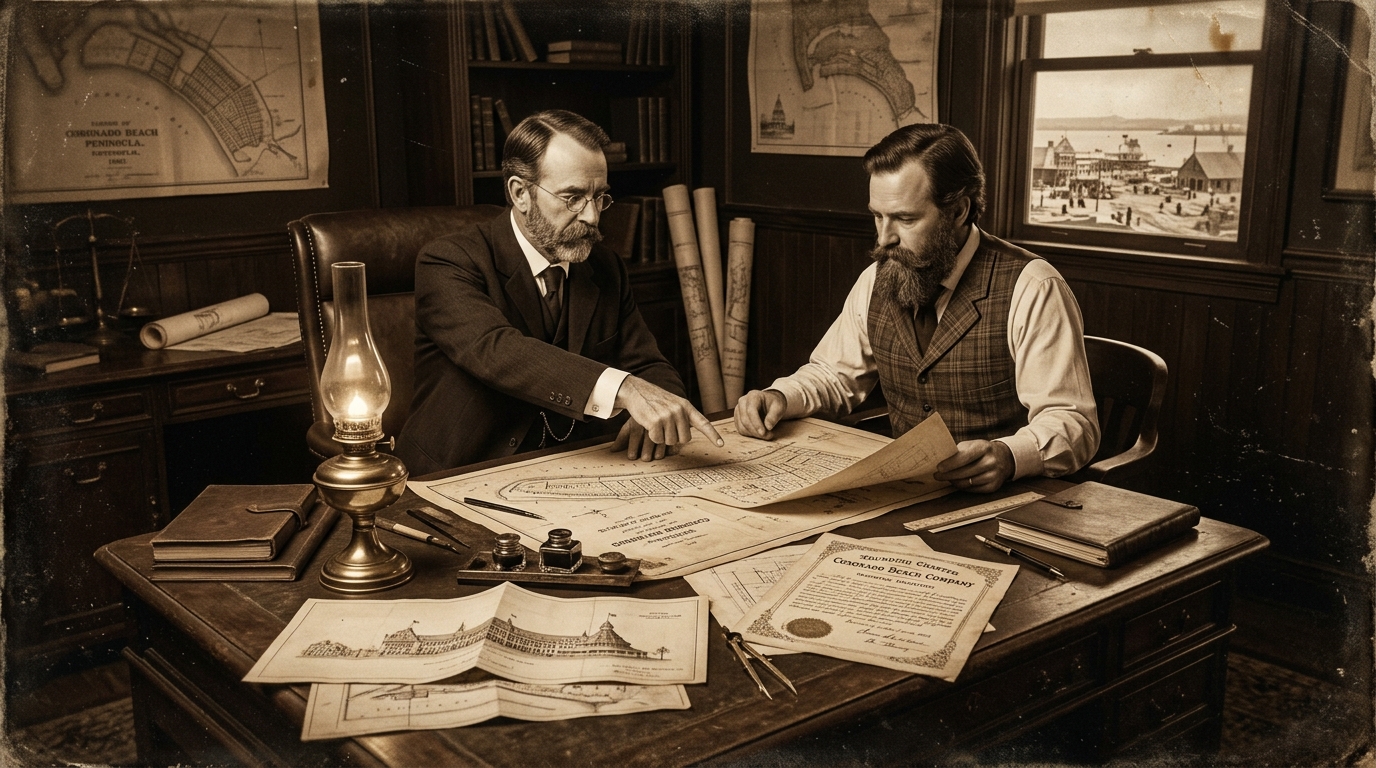 Founders Elisha Babcock and Hampton Story with the 1885 Plat Map