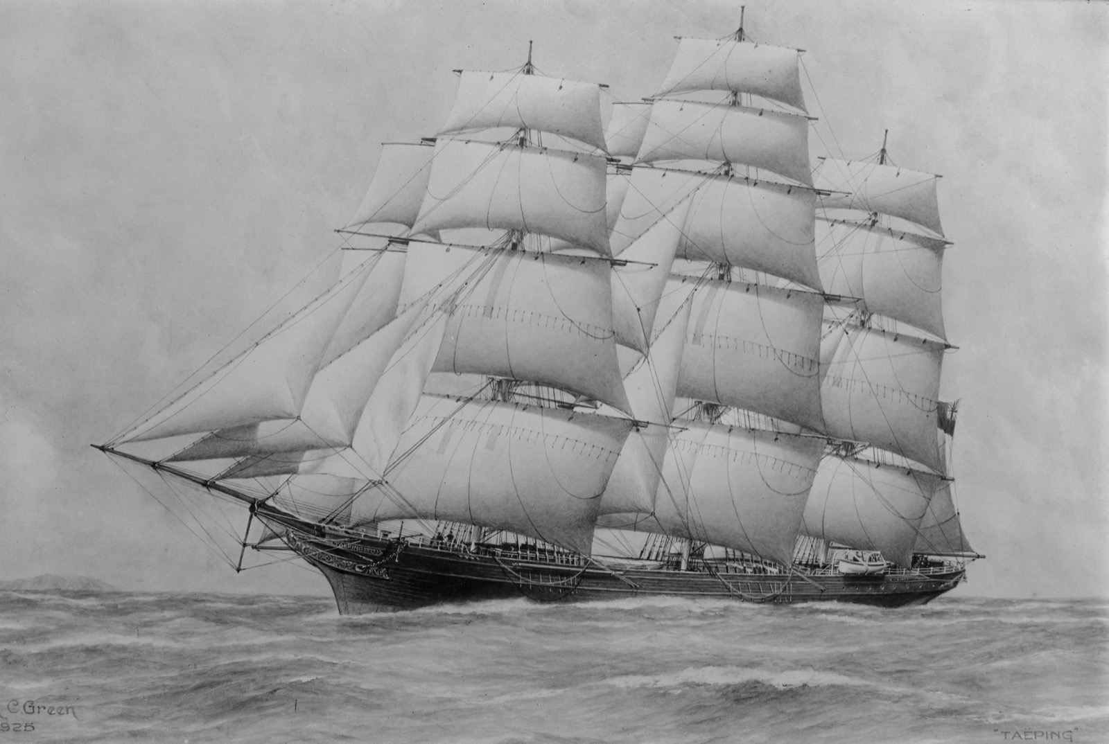 19th-Century American Merchant Sailing Ship Under Full Canvas