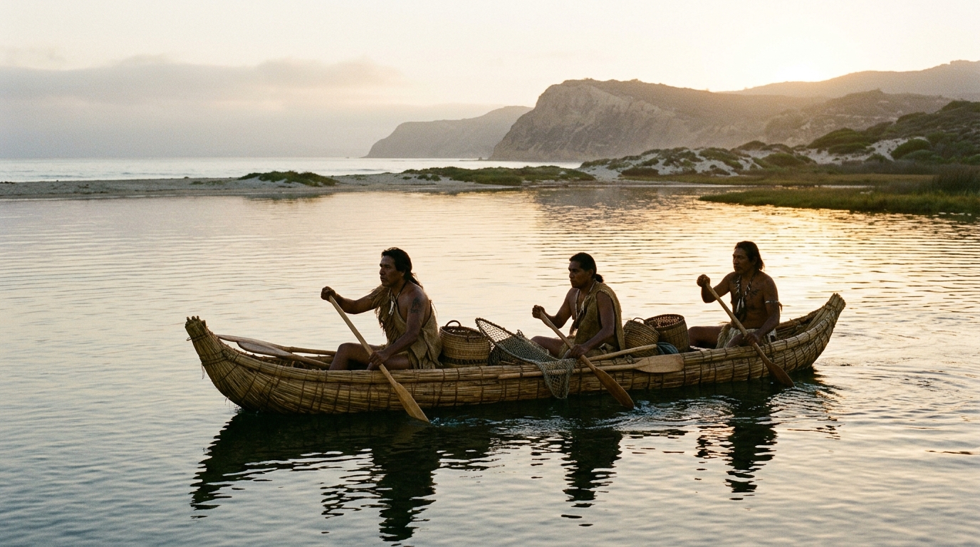 Traditional Kumeyaay Tule Reed Canoe Navigation Across San Diego Bay